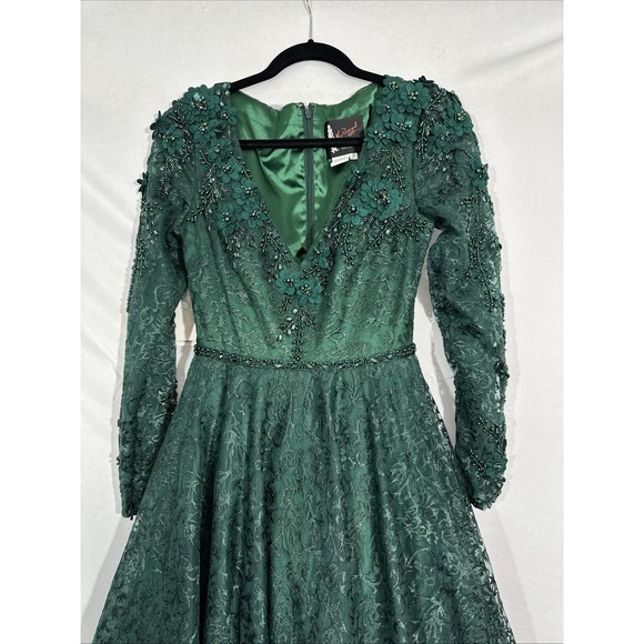 NWT Mac Duggal [ 2 ] 11215 Floral Embellished Long Sleeve ALine Gown Green J2059 - Picture 4 of 16